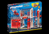 Colorful Playmobil Fire Station playset with garage, fire truck, and firefighter accessories for imaginative adventures.