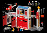 Colorful Playmobil Fire Station playset with fire truck, realistic equipment, and accessories for imaginative firefighter adventures.