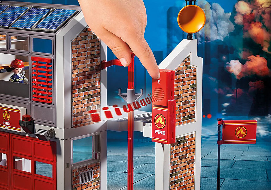 Playmobil Fire Station playset features a vibrant firehouse, fire truck, and accessories for imaginative firefighting adventures.