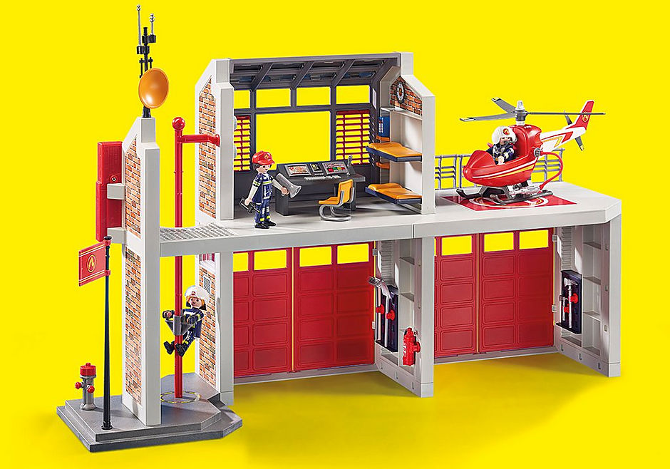 Vibrant Playmobil Fire Station playset with garage, fire truck, and realistic firefighting accessories for imaginative play.