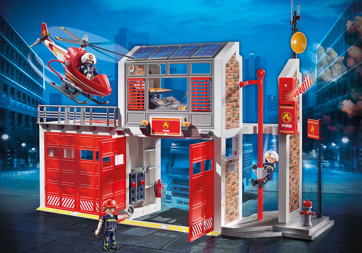 Playmobil Fire Station playset with fire truck, equipment, and accessories for imaginative firefighting adventures.