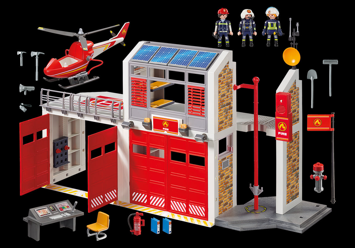 Playmobil Fire Station playset featuring a detailed firehouse, fire truck, realistic equipment, and accessories for imaginative play.