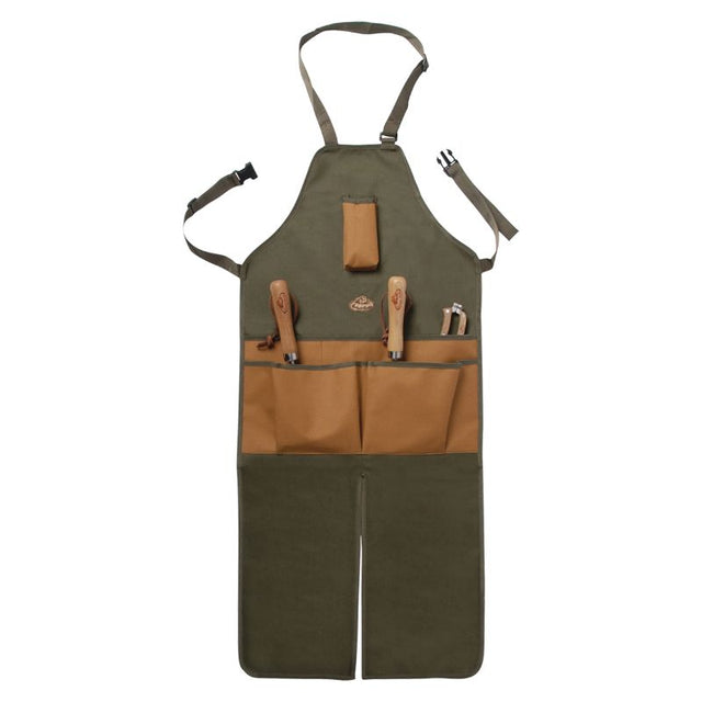 Stylish garden apron with spacious pockets, adjustable straps, and extra length for knee protection, perfect for gardening tasks.