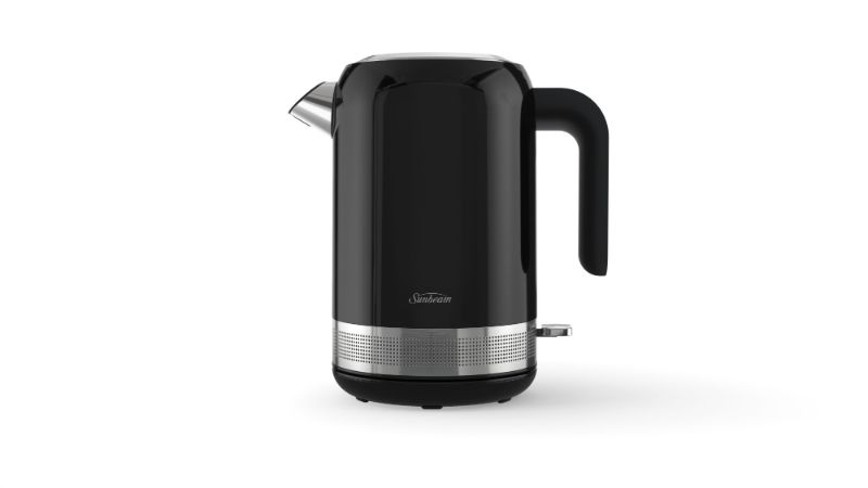 Sleek black 1.7L electric kettle with 360-degree base, easy-fill lid, perfect for quick boiling and stylish kitchen aesthetics.