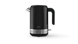 Sleek black 1.7L electric kettle with 360-degree base, easy-fill lid, perfect for quick boiling and stylish kitchen aesthetics.