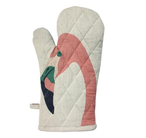 Colorful flamingo oven mitt with jungle spots, featuring quilted design for comfort and heat-resistance for safe cooking.