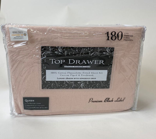 Cozy blush flannelette single sheet set, 100% cotton, includes fitted sheet, flat sheet, and pillowcase for ultimate comfort.