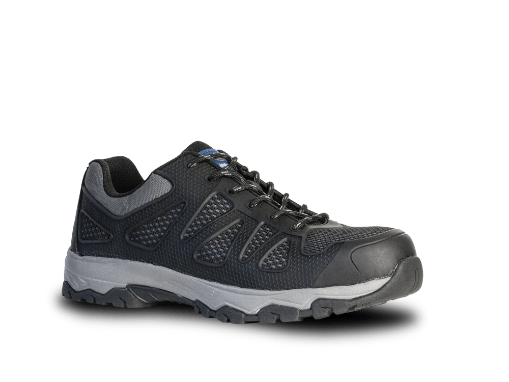 Black lace-up Bata Force safety shoes with KPU/Mesh upper, alloy toecap, and cushioned midsole for comfort in demanding jobs.