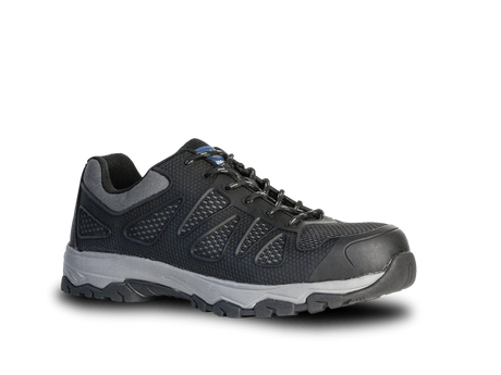 Black lace-up Bata Force safety shoes with KPU/Mesh upper, alloy toecap, and cushioned midsole for comfort in demanding jobs.