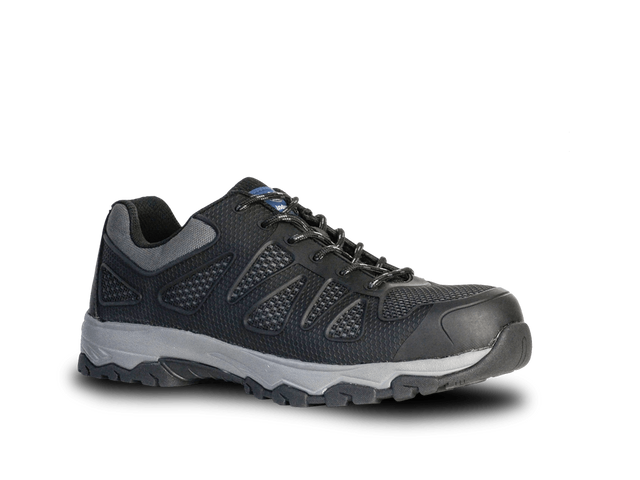 Black lace-up Bata Force safety shoes with KPU/Mesh upper, alloy toecap, and cushioned midsole for comfort in demanding jobs.