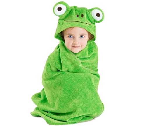 Soft plush cotton kiddie towel in lime green with playful frog design, perfect for toddlers after bath or swim activities.