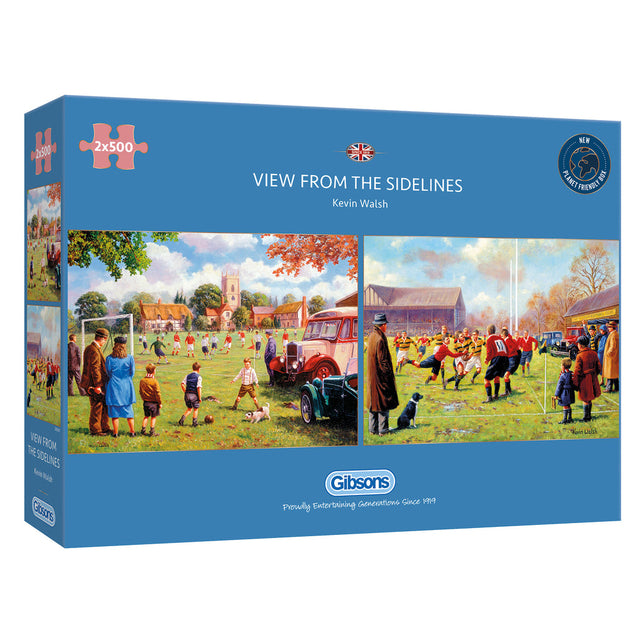 Colorful jigsaw puzzle depicting a lively village sports day with cheering parents, children competing, and a playful puppy.