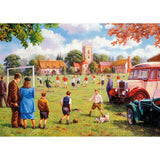 Colorful jigsaw puzzle depicting a lively village sports day with cheering parents, determined kids, and a playful puppy.