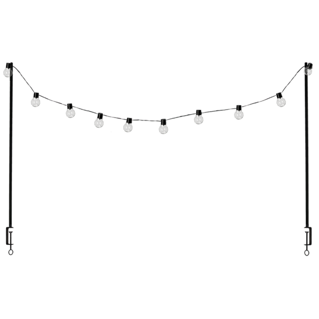 Black table clamp with solar lights, adjustable for tables up to 97mm thick, perfect for outdoor ambiance and gatherings.