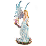 Elegant blonde fairy on a tree branch with a pixie and hyacinth flowers, featuring a pale blue dress and glittery wings.