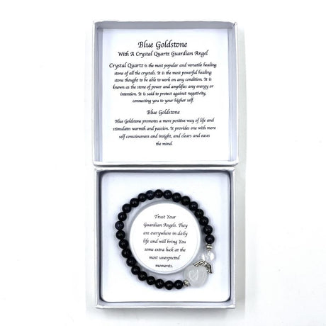 Blue Goldstone Crystal Heart Guardian Angel Bracelet featuring 6mm soothing beads for elegance and spiritual protection.