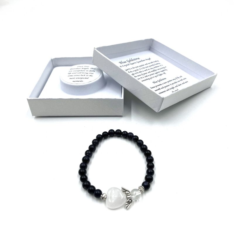 Blue Goldstone Crystal Heart Guardian Angel Bracelet featuring 6mm beads for tranquility, protection, and stylish flair.