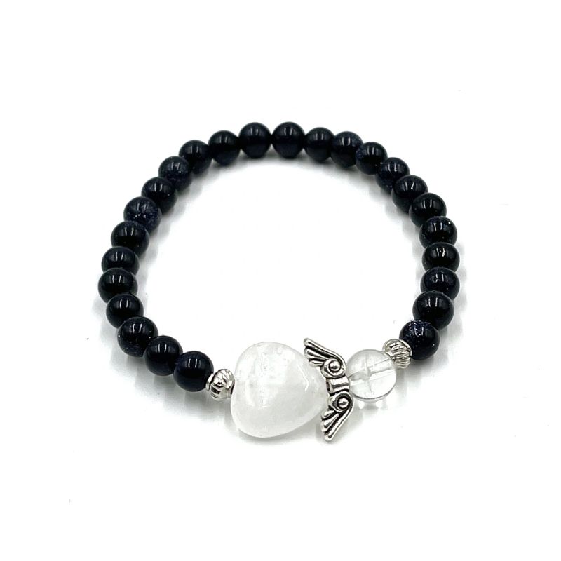 Blue Goldstone Crystal Heart Guardian Angel Bracelet with 6mm beads, promoting tranquility and protective energy in style.