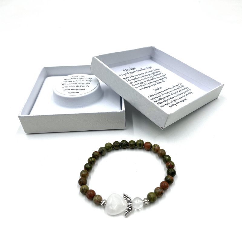 Unakite crystal bracelet featuring a heart pendant, promoting love, protection, and emotional healing.