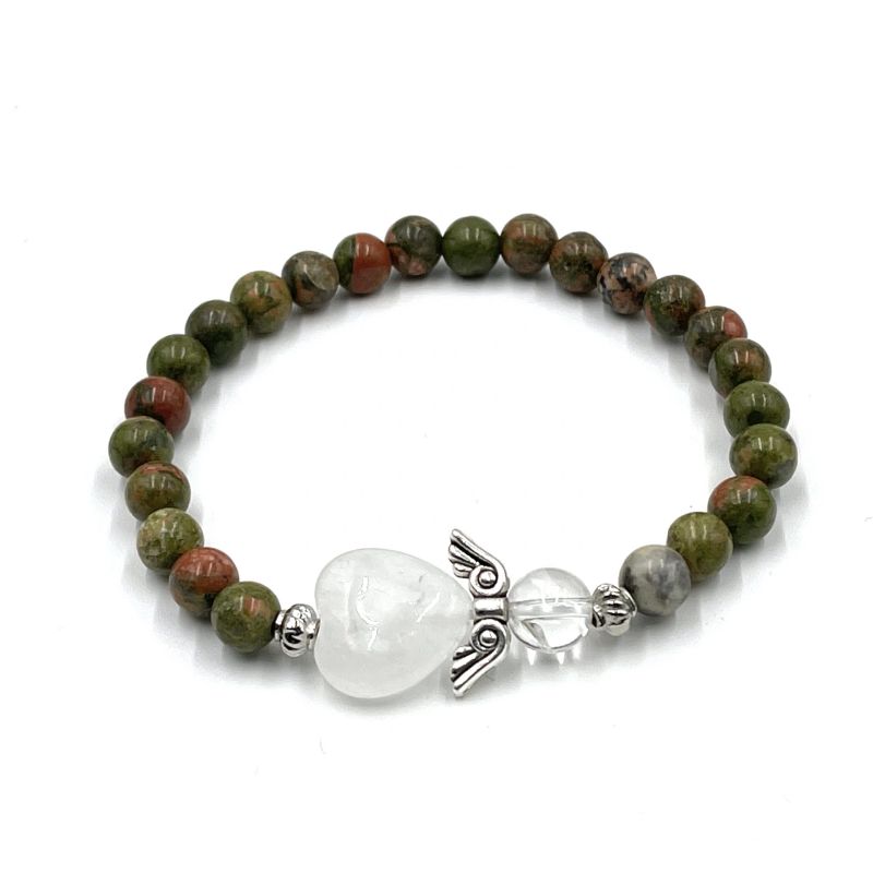 Unakite crystal bracelet with heart pendant symbolizing love and protection, promoting emotional healing and spiritual clarity.