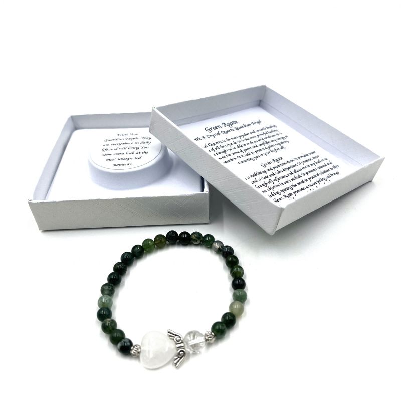 Moss agate bead bracelet with heart-shaped guardian angel charm, symbolizing love and protection; stylish and meaningful accessory.