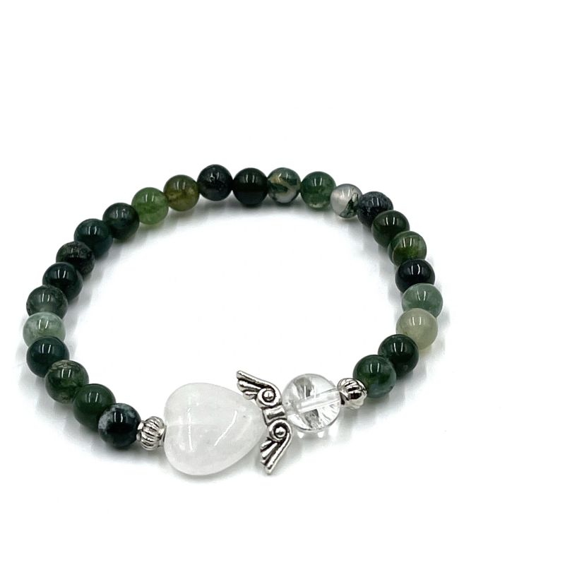 Moss agate bead bracelet with heart guardian angel charm, symbolizing love, protection, and emotional balance.