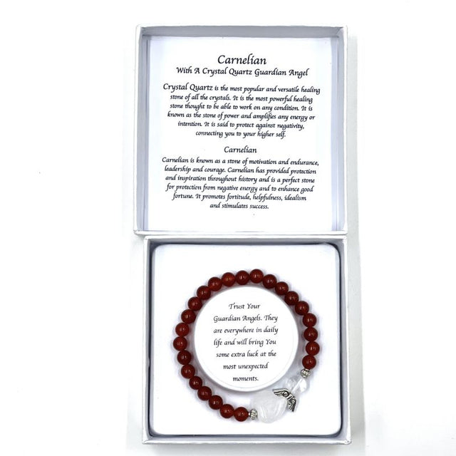 Carnelian crystal bracelet with heart guardian angel charm, symbolizing love, protection, and positive energy.