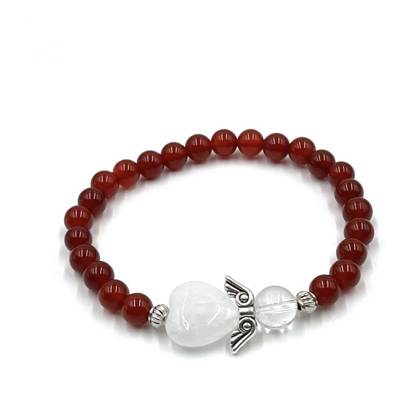 Elegant carnelian bead bracelet featuring a heart-shaped guardian angel charm, promoting courage and protection.