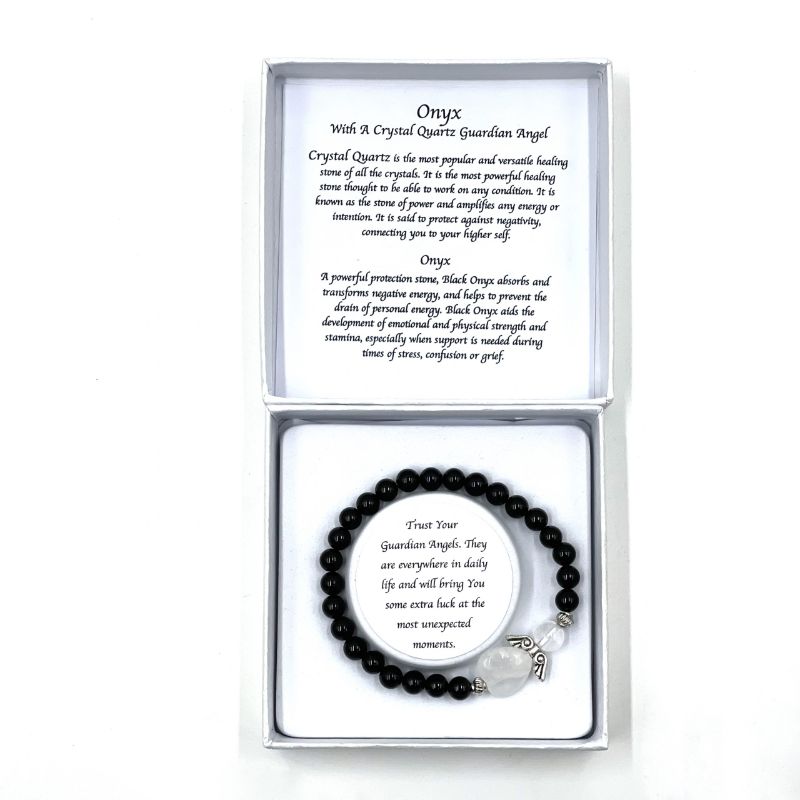 Onyx Crystal Heart Guardian Angel Bracelet featuring 6mm onyx beads, heart design, and a guardian angel charm for protection.