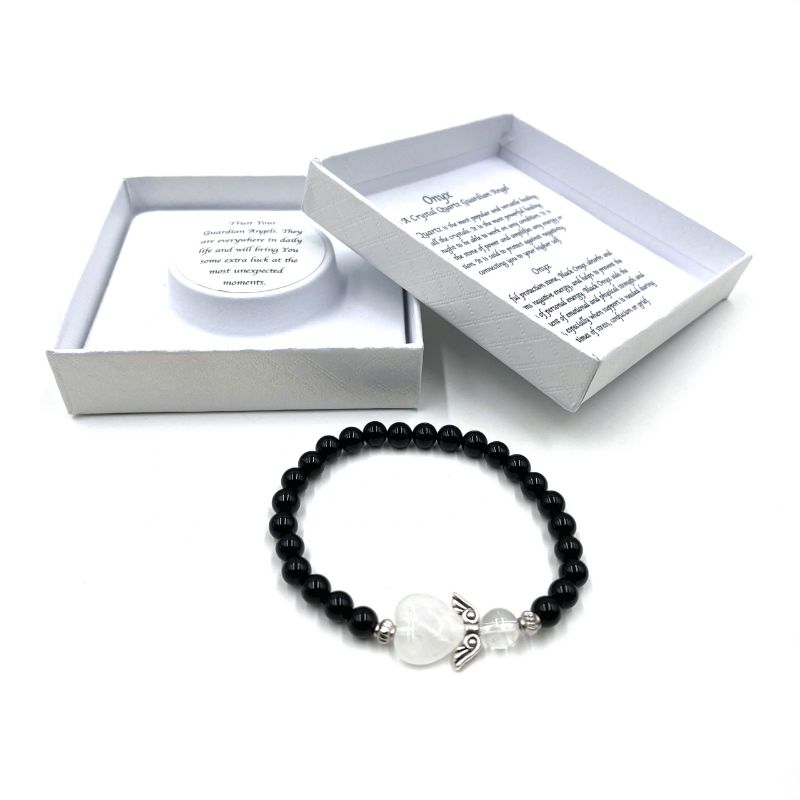 Onyx Crystal Heart Guardian Angel Bracelet with 6mm beads, combining elegance and spiritual protection.