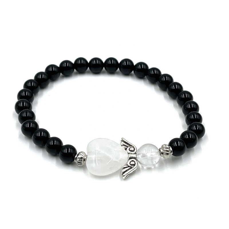 Onyx Crystal Heart Guardian Angel Bracelet featuring 6mm onyx beads and a protective angel charm for emotional balance.