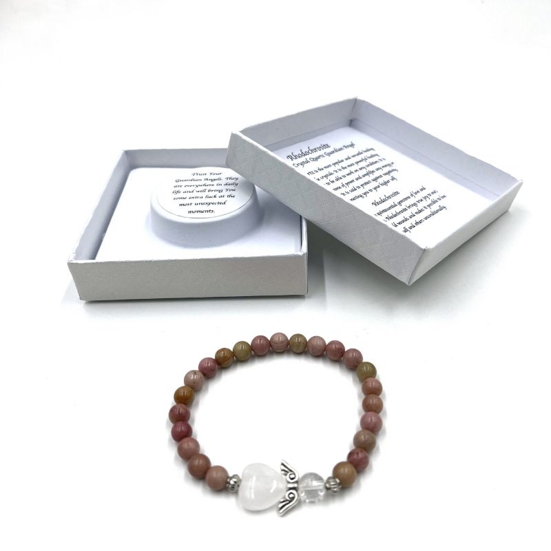 Rhodochrosite bead bracelet with heart guardian angel charm, promoting emotional healing and self-love.