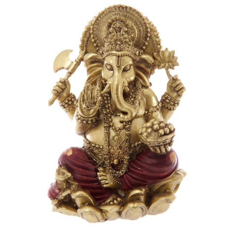 Golden and red 16cm Ganesh statue, symbolizing wisdom and prosperity, perfect for home decor and spiritual elegance.