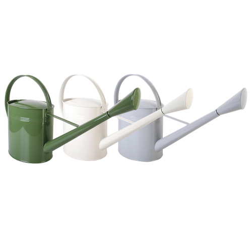 Set of 3 stylish 72cm outdoor watering cans in grey, cream, and green with ergonomic handles and precise watering nozzles.