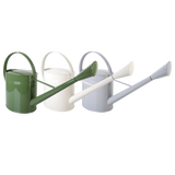 Set of 3 stylish 72cm outdoor watering cans in grey, cream, and green with ergonomic handles and precise watering nozzles.