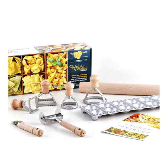 RAVIOLI & TORTELLINI STARTER SET featuring a ravioli tray, rolling pin, cutters, and instruction booklet for homemade pasta.