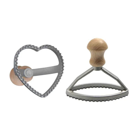 Pasta stamps set featuring oval and heart cutters for shaping pasta and biscuits, made in Italy with high-quality craftsmanship.