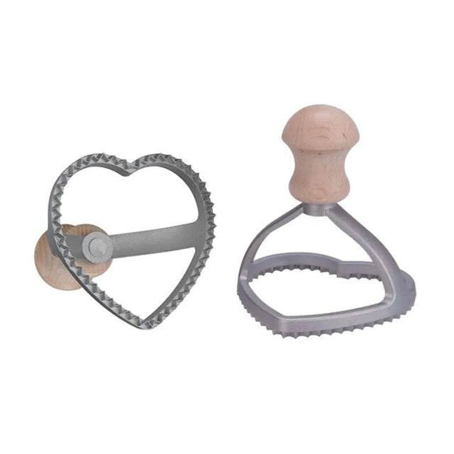 Heart-shaped ravioli cutter with beechwood handle and aluminum cutter, perfect for homemade pasta creations.