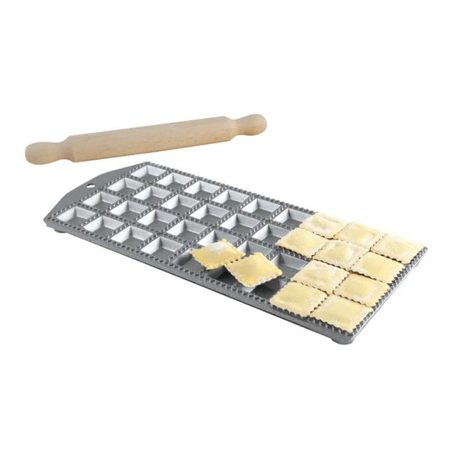 Ravioli maker with 36 square holes (35mm), aluminum construction, includes beechwood rolling pin for perfect pasta.