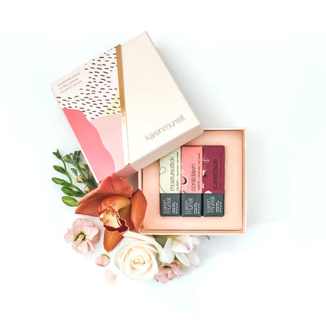 Karen Murrell 3-piece Lip Gift Set featuring a Moisture Stick, Coral Dawn, and Scarlet Blaze for vibrant, nourishing lip color.