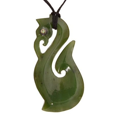 Greenstone Manaia Hook Pendant, a handcrafted Nephrite Jade piece symbolizing protection, strung on an adjustable black cord.