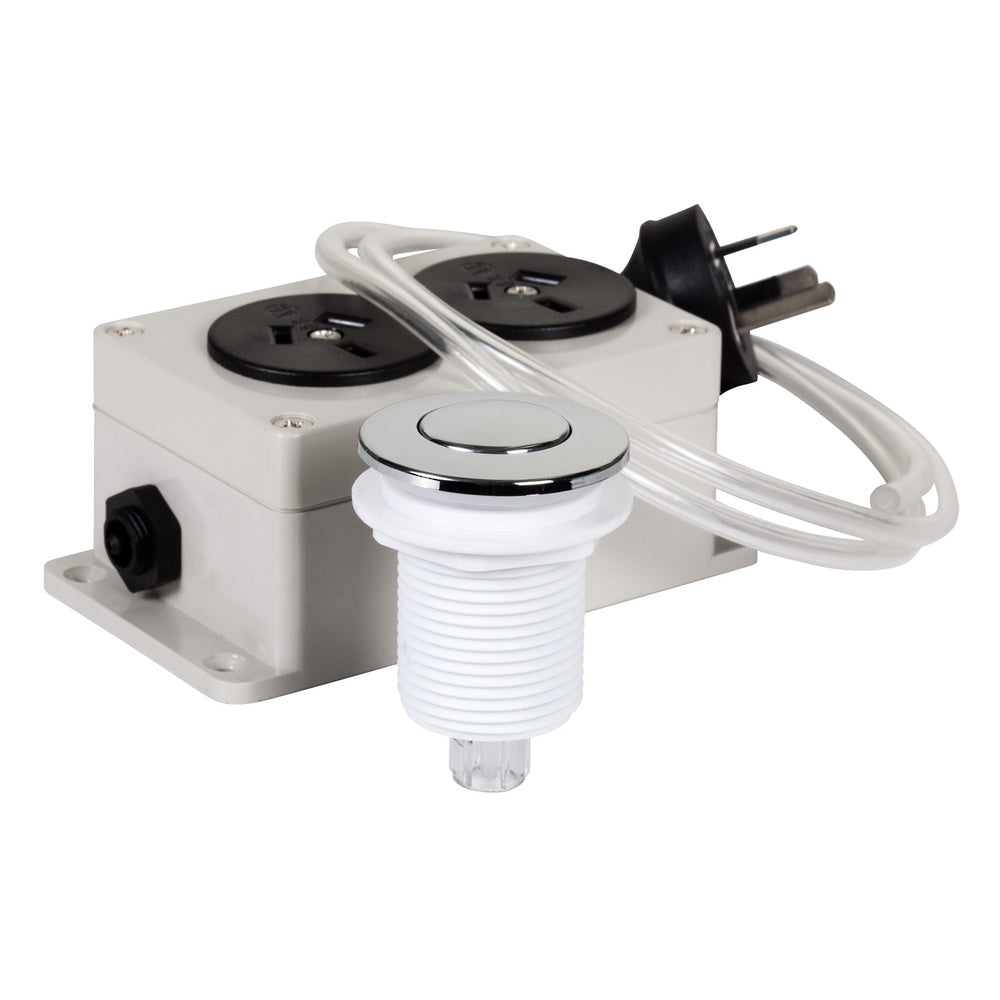 Chrome-style air plunger switch for safe, convenient waste disposal operation, designed for wet kitchen environments.