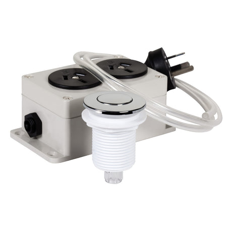 Chrome-style air plunger switch for safe, convenient waste disposal operation, designed for wet kitchen environments.