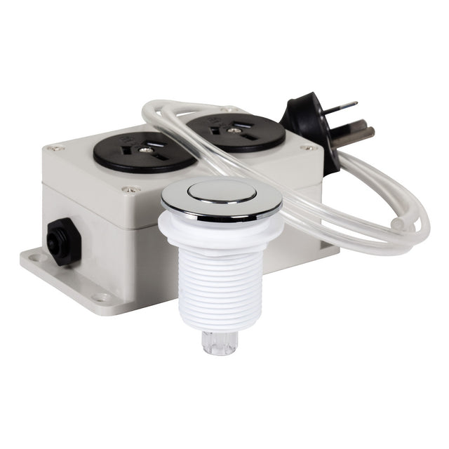 Chrome-style air plunger switch for safe, convenient waste disposal operation, designed for wet kitchen environments.