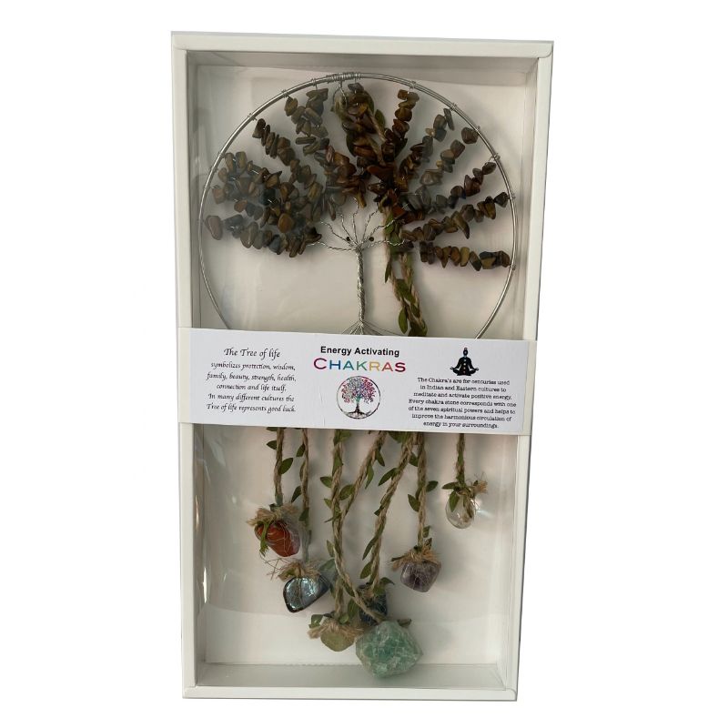 Dreamcatcher Crystal Tree of Life featuring 7 chakra stones and Tiger Eye, promoting harmony and spiritual growth in decor.