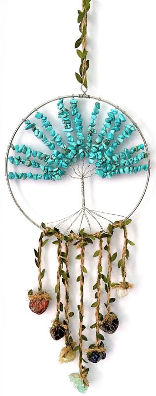 Turquoise Dreamcatcher featuring a 7 Chakras Tree of Life with vibrant stones, promoting harmony and positive energy.