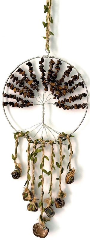 Dreamcatcher Crystal Tree of Life with Tiger Eye stones, 7 Chakra beads, 20cm diameter, 65cm tall, promotes positive energy.