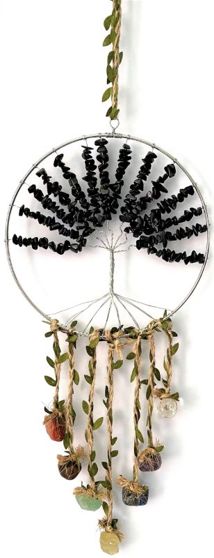 Dreamcatcher featuring a 20cm diameter Tree of Life adorned with 7 chakra stones and onyx for harmony and positive energy.