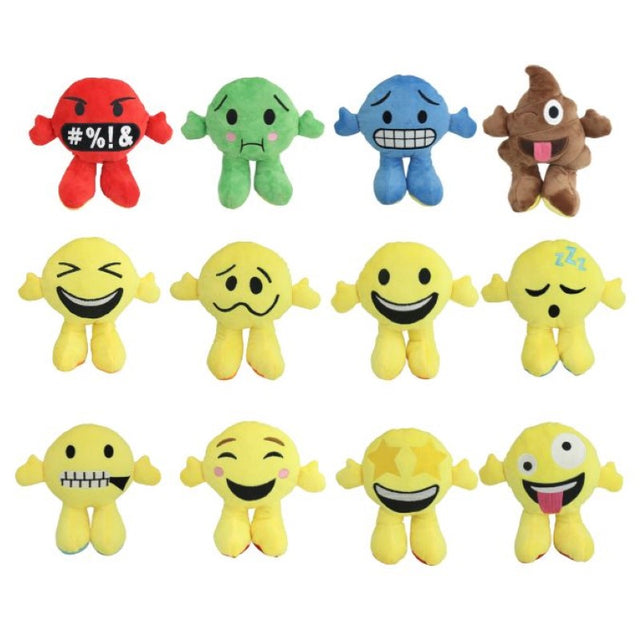 Assorted set of 12 yellow emoji plush toys, perfect for playtime, decor, and cheerful gifts.
