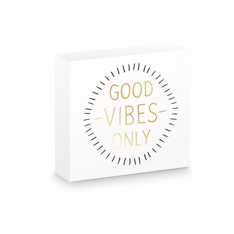 Good Vibes Wooden Block Art with bold black and gold print, perfect for tabletop display or wall mounting, 15 x 15 x 3 cm.